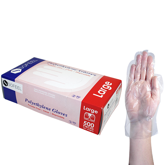 Sofeel Disposable Polyethylene Gloves Large Powder Free Latex Free 500/Box - Clear x60