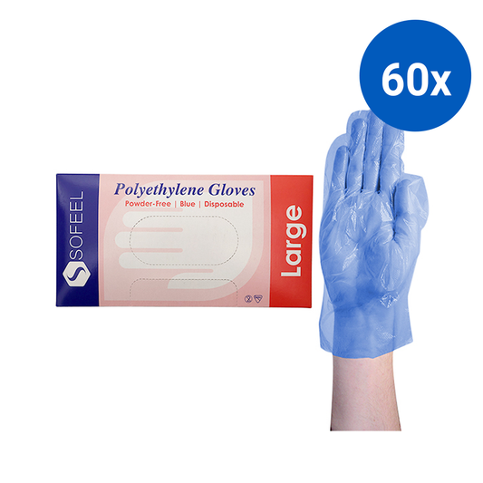 Sofeel Disposable Polyethylene Gloves Large Powder Free Latex Free 500/Box - Blue x60