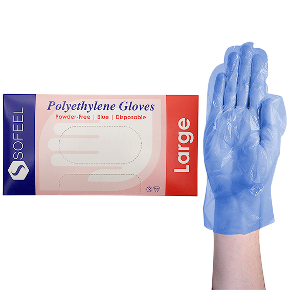 Sofeel Disposable Polyethylene Gloves Large Powder Free Latex Free 500/Box - Blue x60