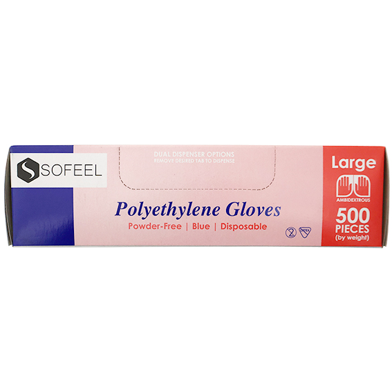 Sofeel Disposable Polyethylene Gloves Large Powder Free Latex Free 500/Box - Blue x60