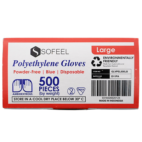 Sofeel Disposable Polyethylene Gloves Large Powder Free Latex Free 500/Box - Blue x60