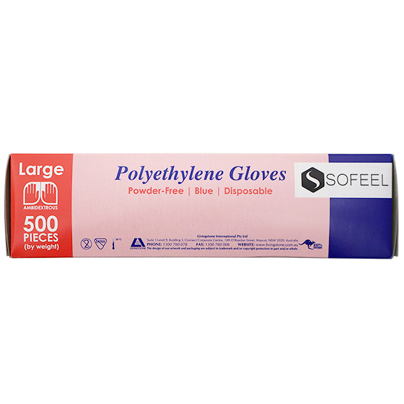 Sofeel Disposable Polyethylene Gloves Large Powder Free Latex Free 500/Box - Blue x60