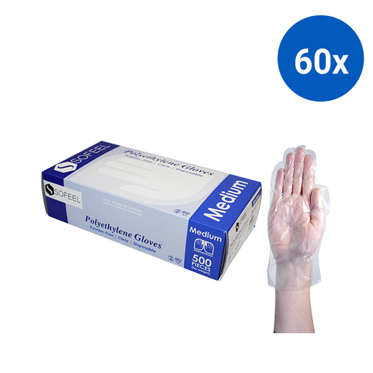 Sofeel Disposable Polyethylene Gloves Medium Powder Free Latex Free 500/Box - Clear x60