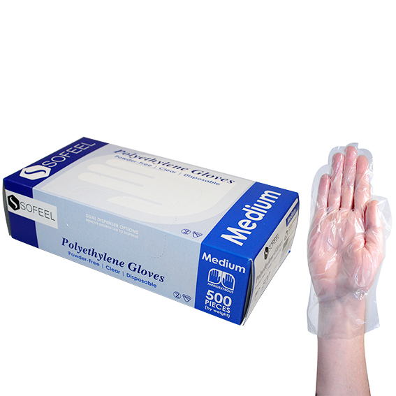 Sofeel Disposable Polyethylene Gloves Medium Powder Free Latex Free 500/Box - Clear x60