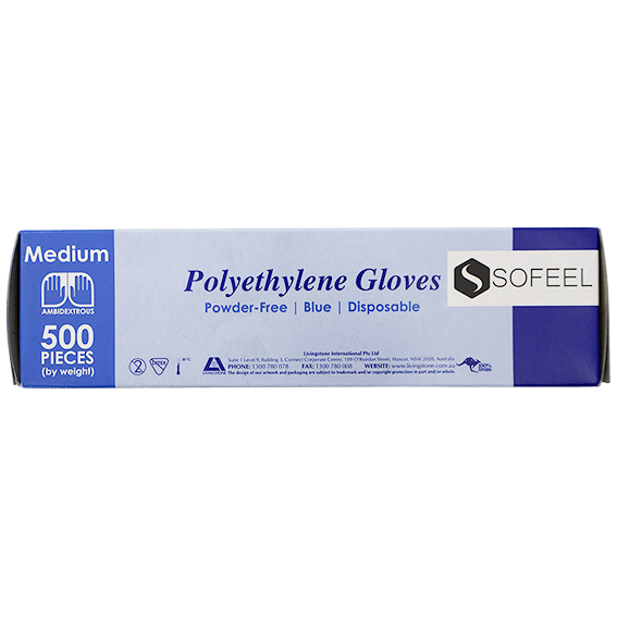 Sofeel Disposable Polyethylene Gloves Medium Powder Free Latex Free 500/Box - Blue x60