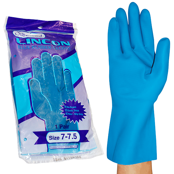 Lincon Silverlined Natural Rubber Gloves with Silver Lining Size 7-7.5 Unscented HACCP Pair - Blue x320
