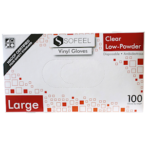 Sofeel Vinyl Gloves Large Size Recyclable Low Powder HACCP Grade 100/Box - Clear x90
