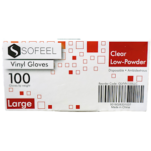 Sofeel Vinyl Gloves Large Size Recyclable Low Powder HACCP Grade 100/Box - Clear x90