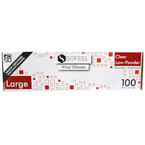 Sofeel Vinyl Gloves Large Size Recyclable Low Powder HACCP Grade 100/Box - Clear x90