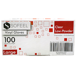 Sofeel Vinyl Gloves Large Size Recyclable Low Powder HACCP Grade 100/Box - Clear x90