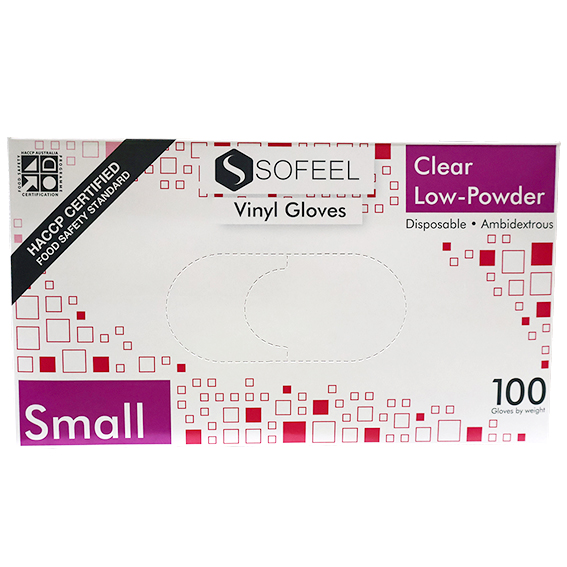 Sofeel Vinyl Gloves Recyclable 4.0g HACCP Low Powder Small 100/Box 1000/Carton - Clear x10
