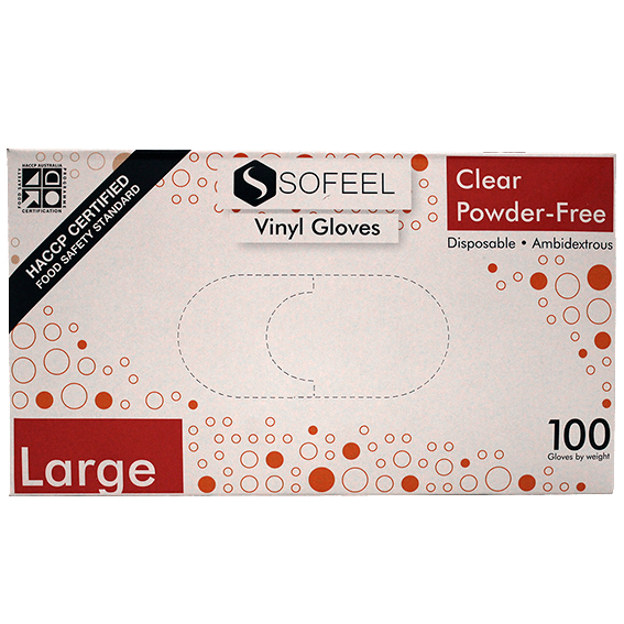 Sofeel Vinyl Gloves Recyclable 5.0g HACCP Grade Powder Free Large 100/Box - Clear x85