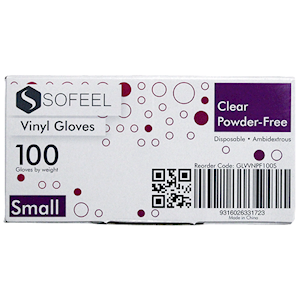 Sofeel Vinyl Gloves Small SIze Recyclable HACCP Grade Powder Free 100/Box - Clear x85