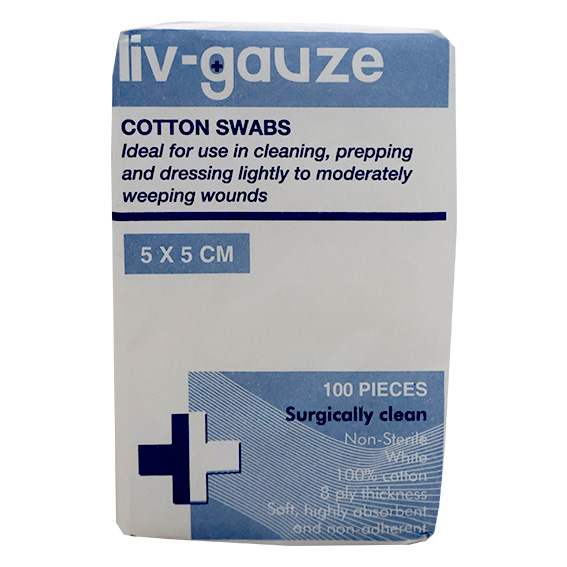 Liv Gauze Swabs 8-Ply 5 x 5cm 100% Cotton Non-Sterile 100/Pack - White x260