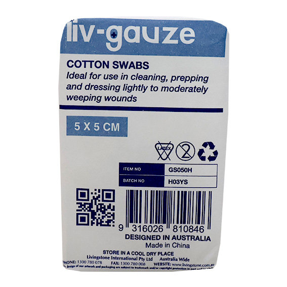 Liv Gauze Swabs 8-Ply 5 x 5cm 100% Cotton Non-Sterile 100/Pack - White x260