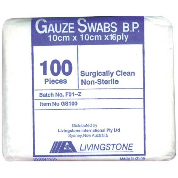 Livingstone Gauze Swabs 16-Ply 10 x 10cm 100pct Cotton 100 Pcs/Pack - White x40