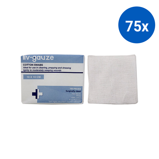 Liv Gauze Swabs 8-Ply 10 x 10cm 100% Cotton Surgically Clean Non-Sterile 100/Pack - White x75