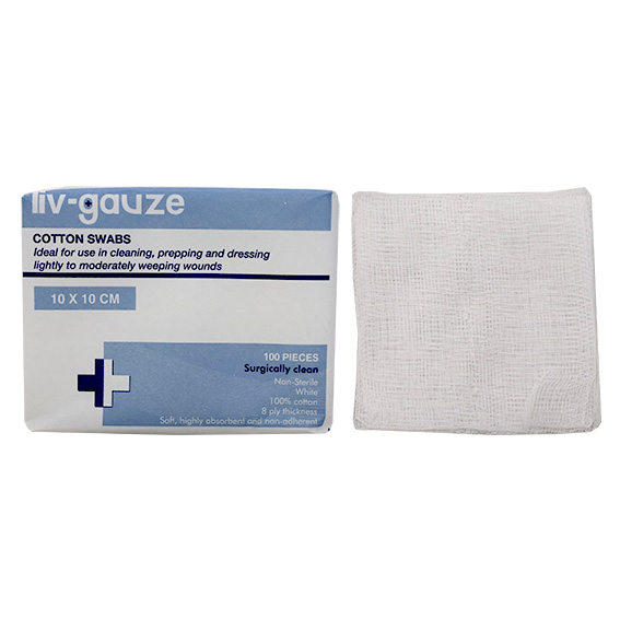 Liv Gauze Swabs 8-Ply 10 x 10cm 100% Cotton Surgically Clean Non-Sterile 100/Pack - White x75