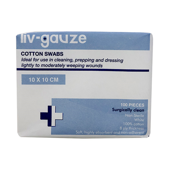 Liv Gauze Swabs 8-Ply 10 x 10cm 100% Cotton Surgically Clean Non-Sterile 100/Pack - White x75