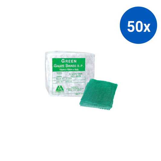 Liv Gauze Swabs 8-Ply 10x10cm 100% Cotton Non-Sterile 100 Pcs/Pack - Green x50