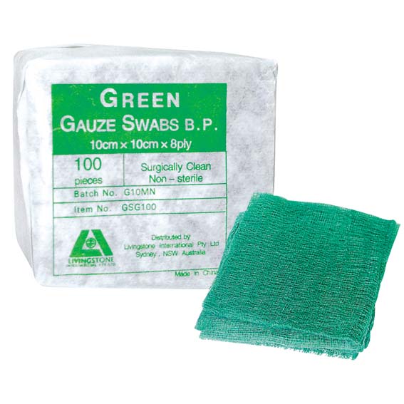 Liv Gauze Swabs 8-Ply 10x10cm 100% Cotton Non-Sterile 100 Pcs/Pack - Green x50