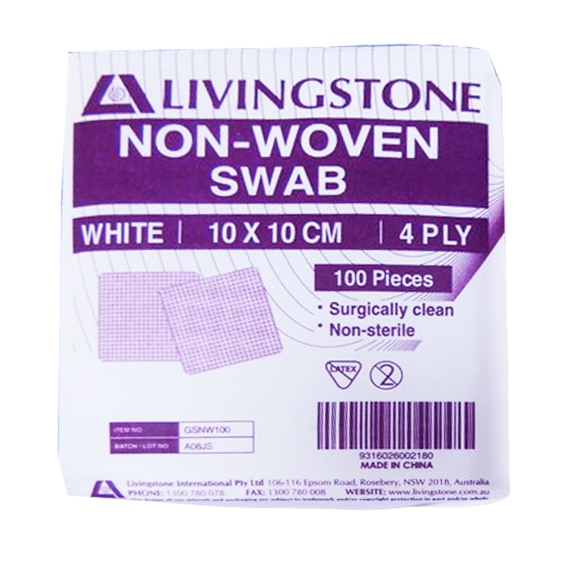 Livingstone Non-Woven Swabs Superior Absorbency 4 Ply 10 x 10cm 100/Pack - White x85