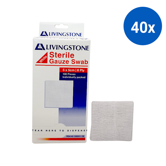 Liv Gauze Swabs 5x5cm 8 ply 100% Cotton Sterile 100 Packs/Box - White x40