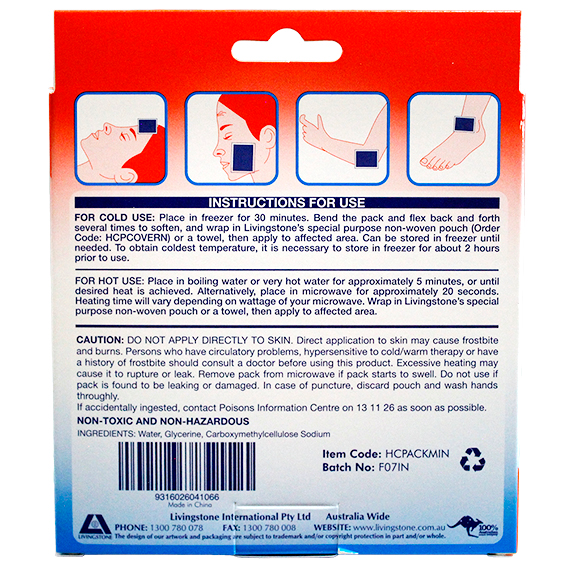 Livingstone Hot and Cold Pack 10 x 12cm 65g Mini Reusable - Clear Non-Staining Gel x125