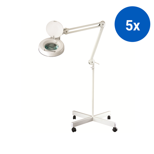Magnifying Beauty Lamp Shadowless with LED Cold White Light Bulb 5 Dioptre with Handle with Lens Cover on Mobile Pedestal Floor Stand - White x5