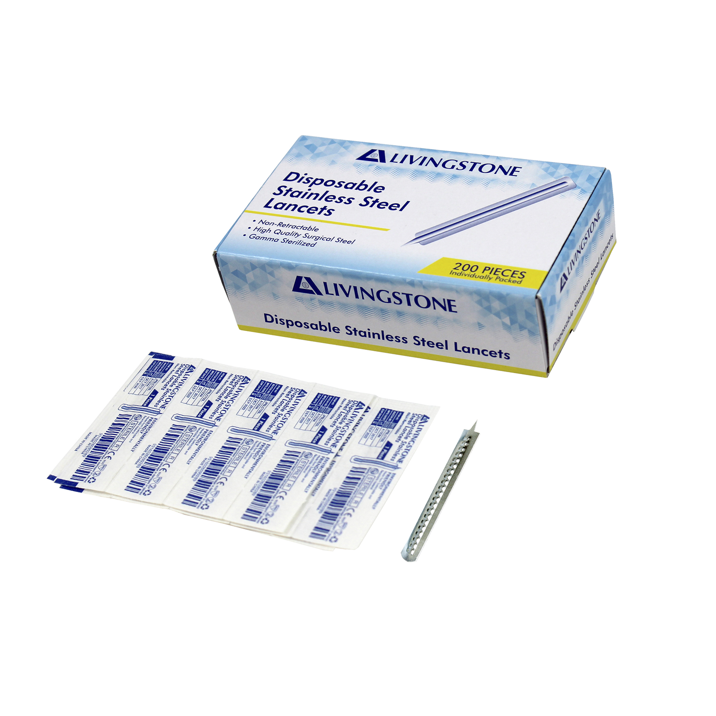 Livingstone Diabetic Manual Blood Letting Lancet & Splinter Probe Stainless Steel Sterile 200/Box - Silver x25