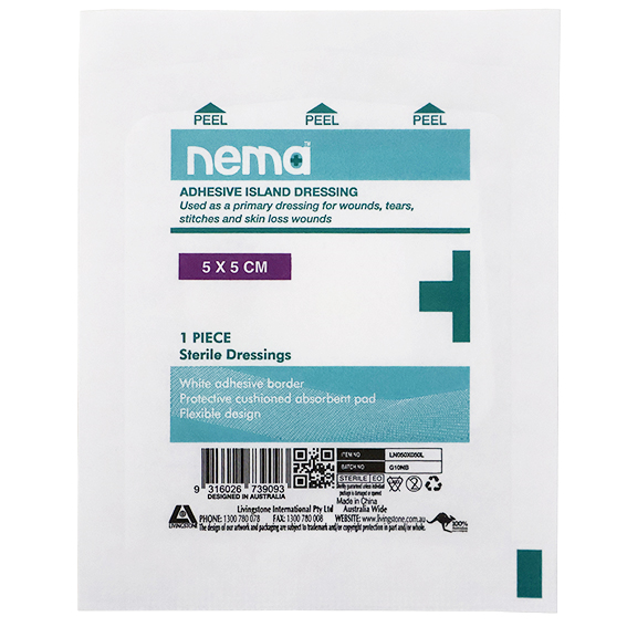 Nema Adhesive Island Dressing 5 x 5cm Sterile Non-Adherent Pad Nonwoven 5/Pack - White x485