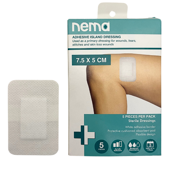 Nema Adhesive Island Dressing 7.5 x 5cm Sterile Non-Adherent Pad Nonwoven 5/Box - White x320