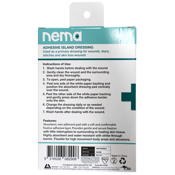 Nema Adhesive Island Dressing 7.5 x 5cm Sterile Non-Adherent Pad Nonwoven 5/Box - White x320