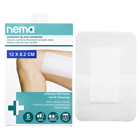 Nema Adhesive Island Dressing 12 x 8.2cm Sterile Non-Adherent Pad Nonwoven 5/Box - White x115