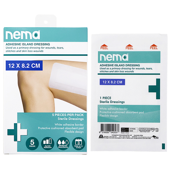 Nema Adhesive Island Dressing 12 x 8.2cm Sterile Non-Adherent Pad Nonwoven 5/Box - White x115