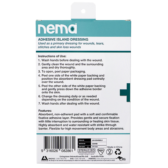 Nema Adhesive Island Dressing 12 x 8.2cm Sterile Non-Adherent Pad Nonwoven 5/Box - White x115