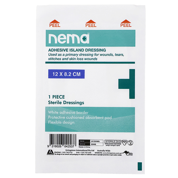 Nema Adhesive Island Dressing 12 x 8.2cm Sterile Non-Adherent Pad Nonwoven 5/Box - White x115