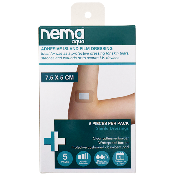 Nema Aqua Island Film Dressing with Non-Adherent Pad 7.5 x 5cm Sterile 5/Pack - Clear x135