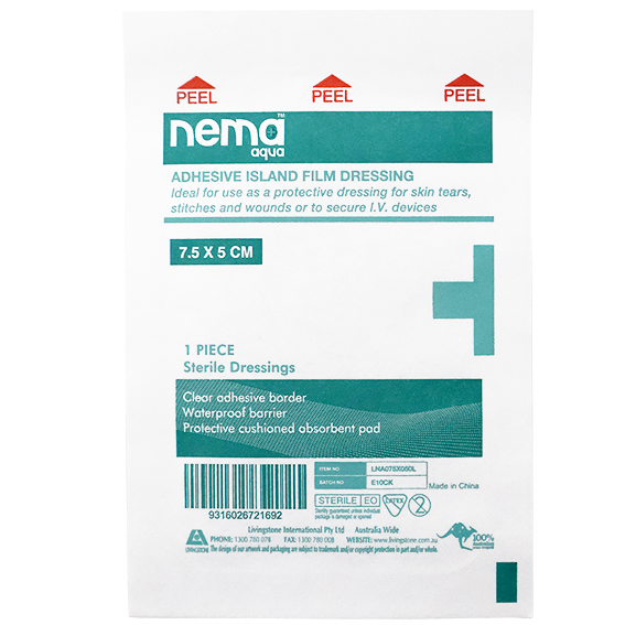 Nema Aqua Island Film Dressing with Non-Adherent Pad 7.5 x 5cm Sterile 5/Pack - Clear x135