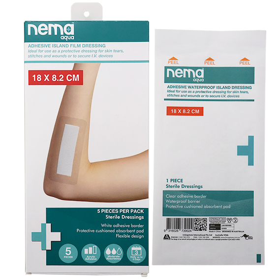 Nema Aqua Transparent Island Film Dressing with Non-Adherent Pad 18 x 8.2cm Sterile 5/Pack - Clear x25