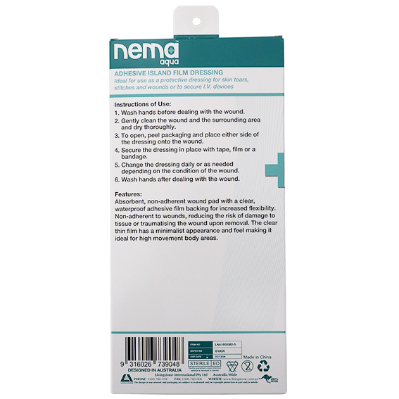 Nema Aqua Transparent Island Film Dressing with Non-Adherent Pad 18 x 8.2cm Sterile 5/Pack - Clear x25