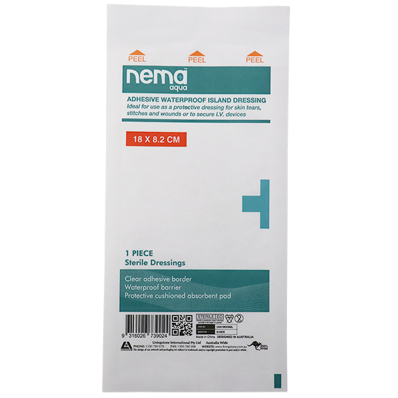 Nema Aqua Transparent Island Film Dressing with Non-Adherent Pad 18 x 8.2cm Sterile 5/Pack - Clear x25