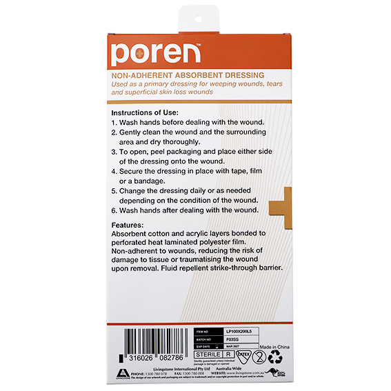 Poren Non-Adherent Absorbent Dressing 10 x 20cm Sterile 5/Pack - White x70