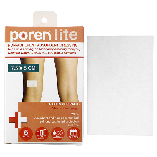 Poren-Lite Non-Adherent Absorbent Dressing 7.5 X 5cm Sterile 5/Box - White x320