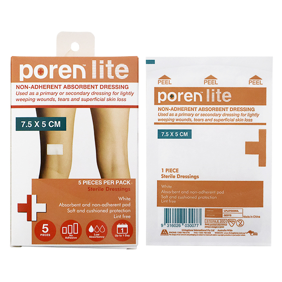 Poren-Lite Non-Adherent Absorbent Dressing 7.5 X 5cm Sterile 5/Box - White x320
