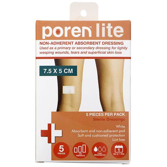 Poren-Lite Non-Adherent Absorbent Dressing 7.5 X 5cm Sterile 5/Box - White x320