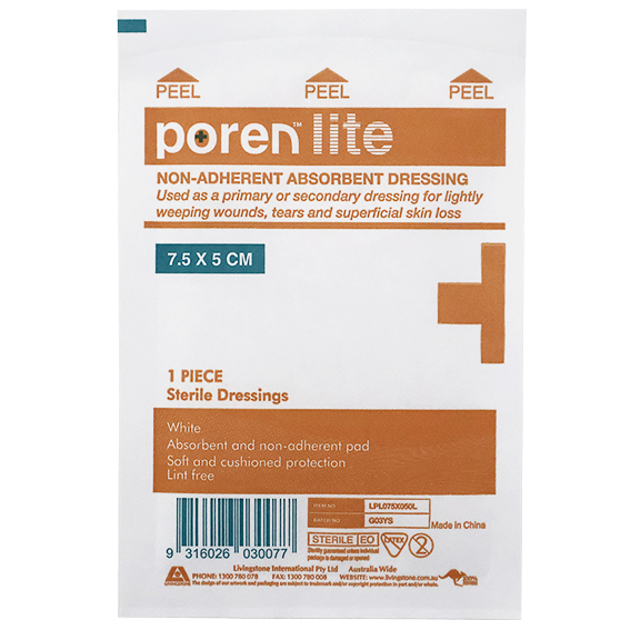 Poren-Lite Non-Adherent Absorbent Dressing 7.5 X 5cm Sterile 5/Box - White x320