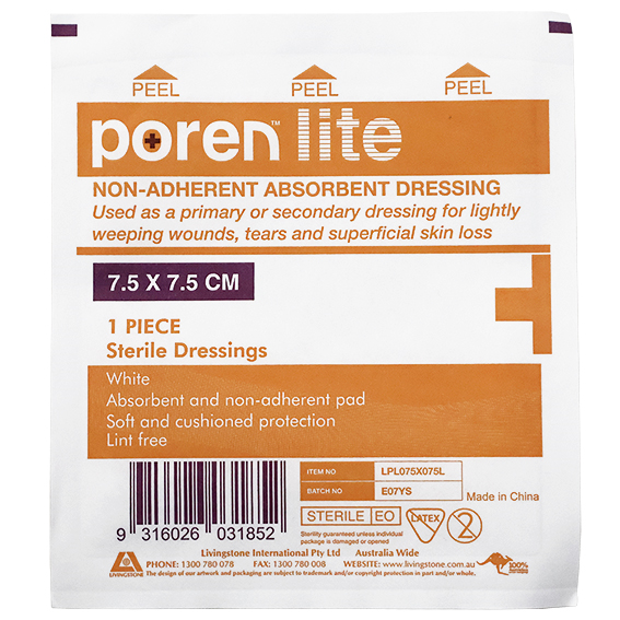 Poren-Lite Non-Adherent Absorbent Dressing 7.5 X 7.5cm Sterile 5/Box - White x290