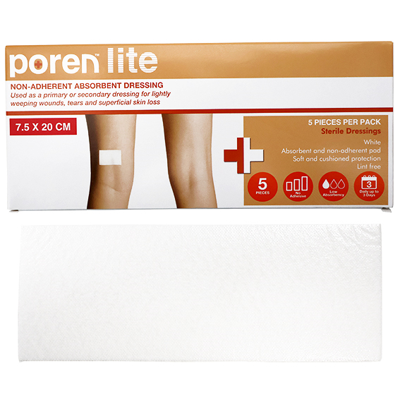 Poren-Lite Non-Adherent Absorbent Dressing 7.5 x 20cm Sterile 5/Box - White x170