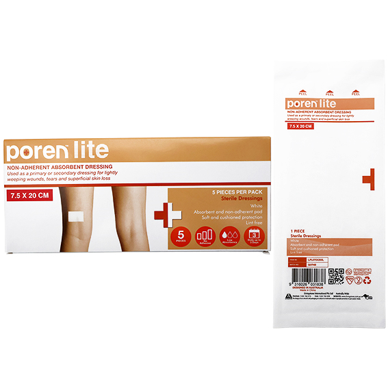 Poren-Lite Non-Adherent Absorbent Dressing 7.5 x 20cm Sterile 5/Box - White x170